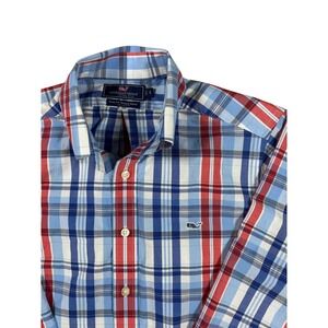 Vineyard Vines Slim Fit Whale Shirt Mens Small Blue Red Plaid Button Down Cotton